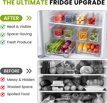 6Pack Fridge Organizers and Storage,Stackable Fridge Organizer Bins with Lids, 2 Pull Out Fridge Organizers and 4 Storage Container with Drain Tray for Fruits, Vegetables, Drinks, Snack and Food