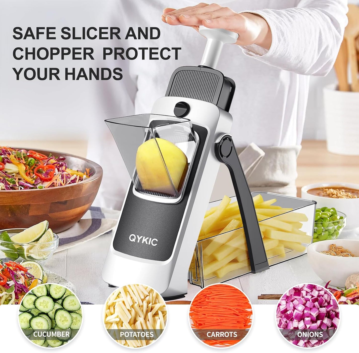 8 in 1 Mandoline Slicer for Kitchen, Vegetable Chopper, Potato Slicer, Fry Cutter Onion Chopper with Drain Basket Food Container with Lid, Stainless Steel Cheese Grater for Quick Meal Pre (Black)