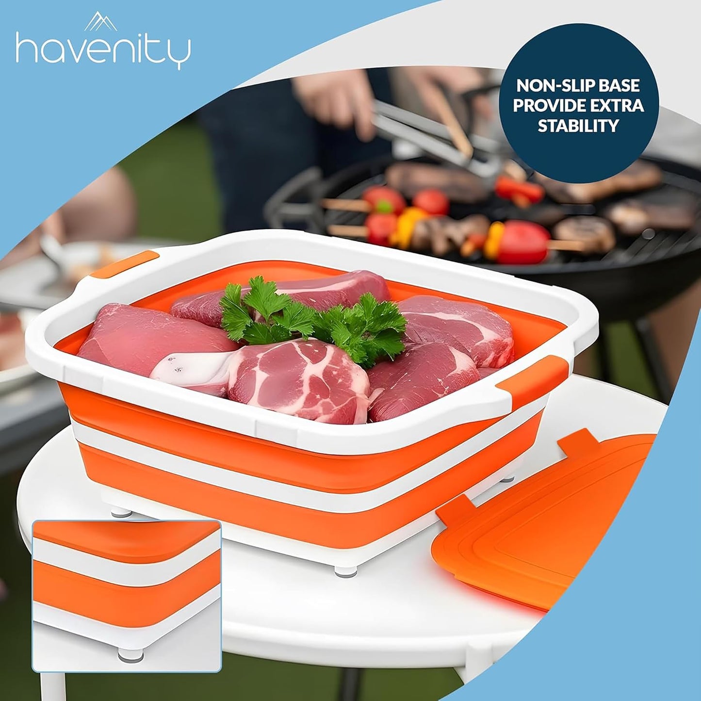 BBQ Prep Tub 8L - Multifunctional Collapsible Camping Cutting Board with Upgraded Locking lid, Meat Storage Container for Meal Prep, Dish Basin Bowl Perfect for Grilling Outdoor Cooking Large