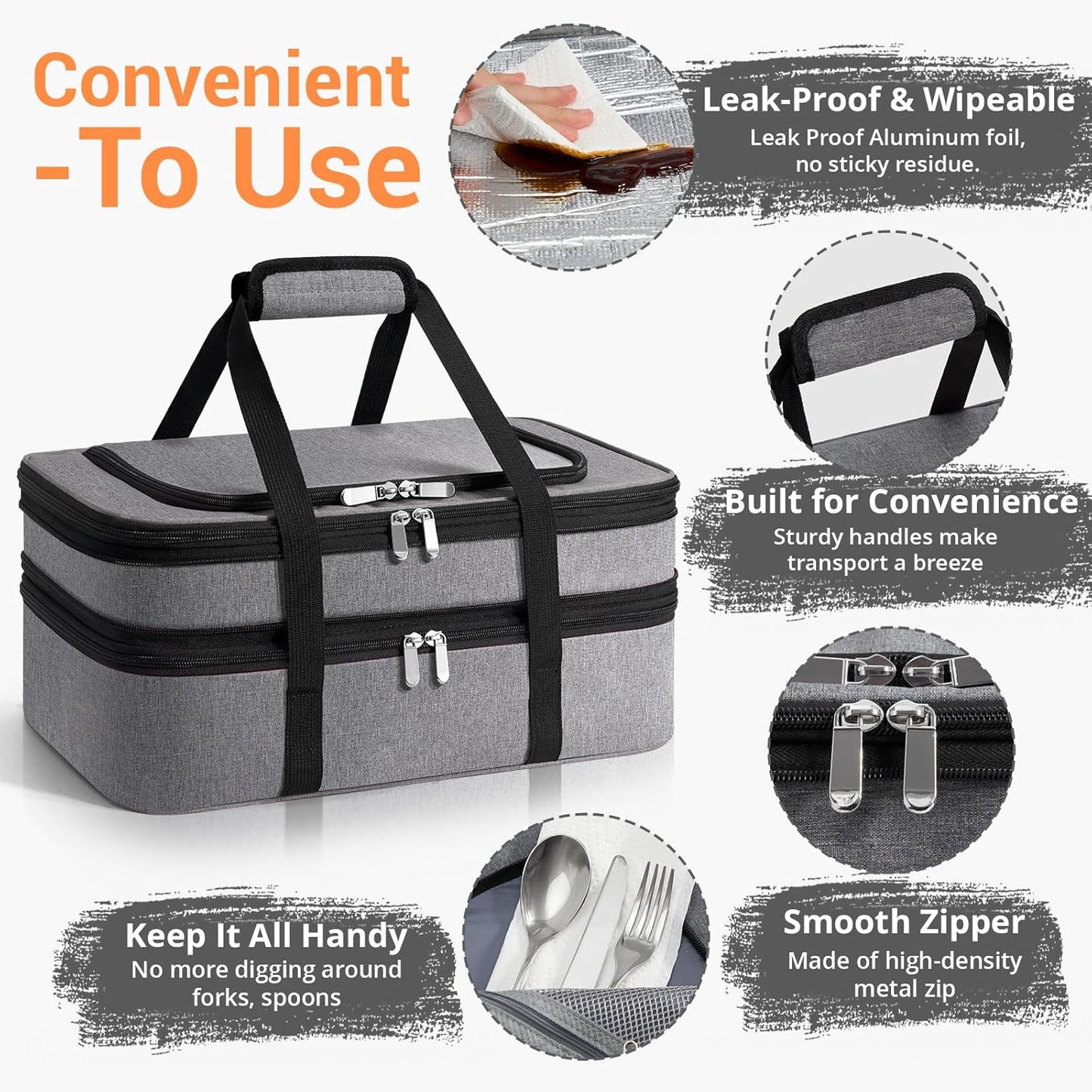 Double Insulated Casserole Carrier - Portable Casserole Carriers for Hot or Cold Food Lunch Tote Warmer or Cooler Bag for Potluck Parties Picnic Cookouts, Fits 9" x 13" Baking Dish - Grey