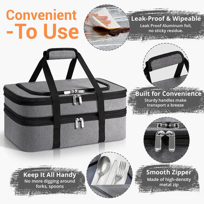 Double Insulated Casserole Carrier - Portable Casserole Carriers for Hot or Cold Food Lunch Tote Warmer or Cooler Bag for Potluck Parties Picnic Cookouts, Fits 9" x 13" Baking Dish - Grey