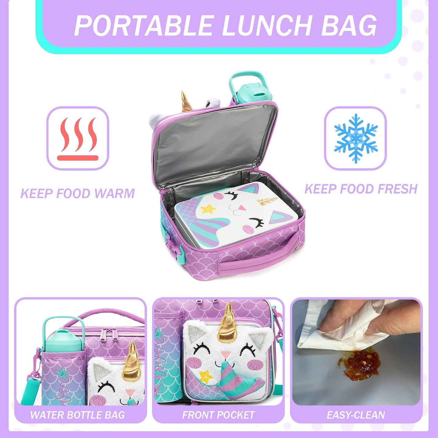 Kids Bento Lunch Box with 6 Compartments Girls Lunch Box with Lunch Bag,Stainless Steel Water Bottle,Ice Pack & Utensils Set,Birthday Gifts for Ages 3-12 Back to School Toddler Girls