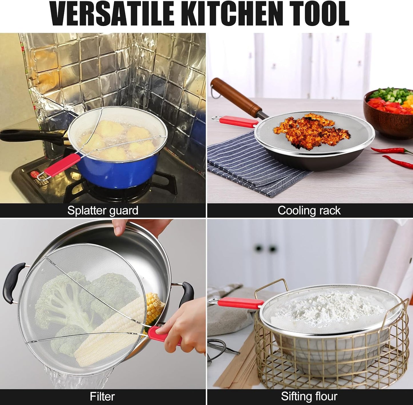Stainless Steel Splatter Screen for Frying Pan - 9.8" 11.4" 13" Ultra Fine Mesh Grease Splatter Guard, Hot Oil Splatter Guard Shield Grease for Cooking, Kitchen Splash Guard to Prevent Oil Splatter