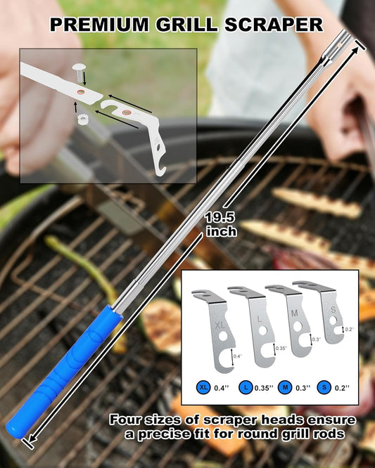 Premium Grill Cleaning Tool - 19.5 Inch Grill Grate Scraper for Outdoor Grills with Round Grates - Outdoor Scraping BBQ Tool Bristle Free, Safe and Cleaning the Top and Bottom of Grates