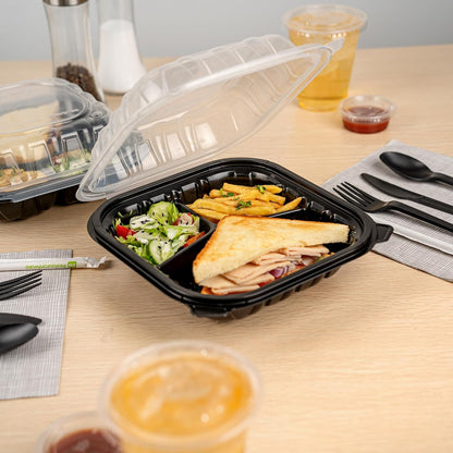 Thermo Tek 40 Ounce Clamshell Containers, 50 Disposable Take Out Boxes - 3 Compartments, Ventilated Lids, Black Plastic Meal Prep Containers, Microwavable, For Pasta Or Salads - Restaurantware