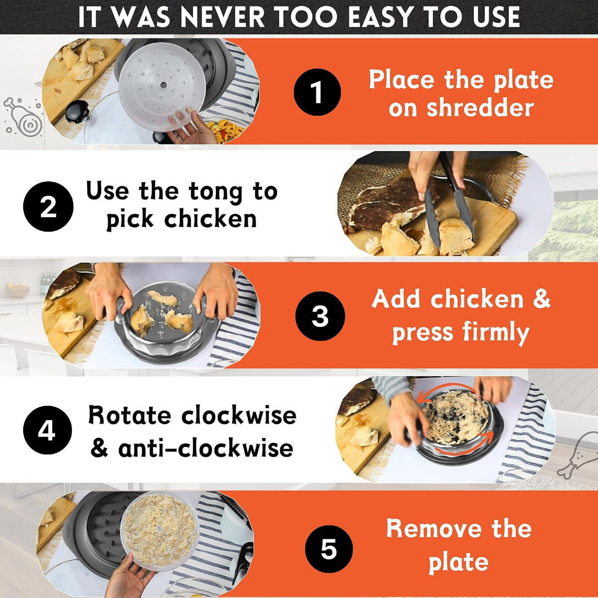 Chicken Shredder Tool Twist Large – 10.2 Inch Non Slip Meat Shredder with Removable Tray- BPA Free, Dishwasher Safe, Heat Resistant Chicken Breast Shredder with Handle & Serving Tong