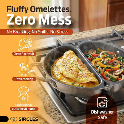 SIRCLES Double Sided Omelet Pan, Nonstick Omelette Maker, 3004 Aluminum, Induction Compatible, Dishwasher Safe, PFOA Free, Flip Lock Egg Pan with Spatula & Recipe eBook
