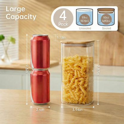 Extra Large Square Glass Flour & Sugar Storage Containers with Airtight Lids, 168oz 2 Pack Glass Jars with Bamboo Lids, Air tight Pantry Food Storage Containers for Cereal, Pasta, Rice Organizers