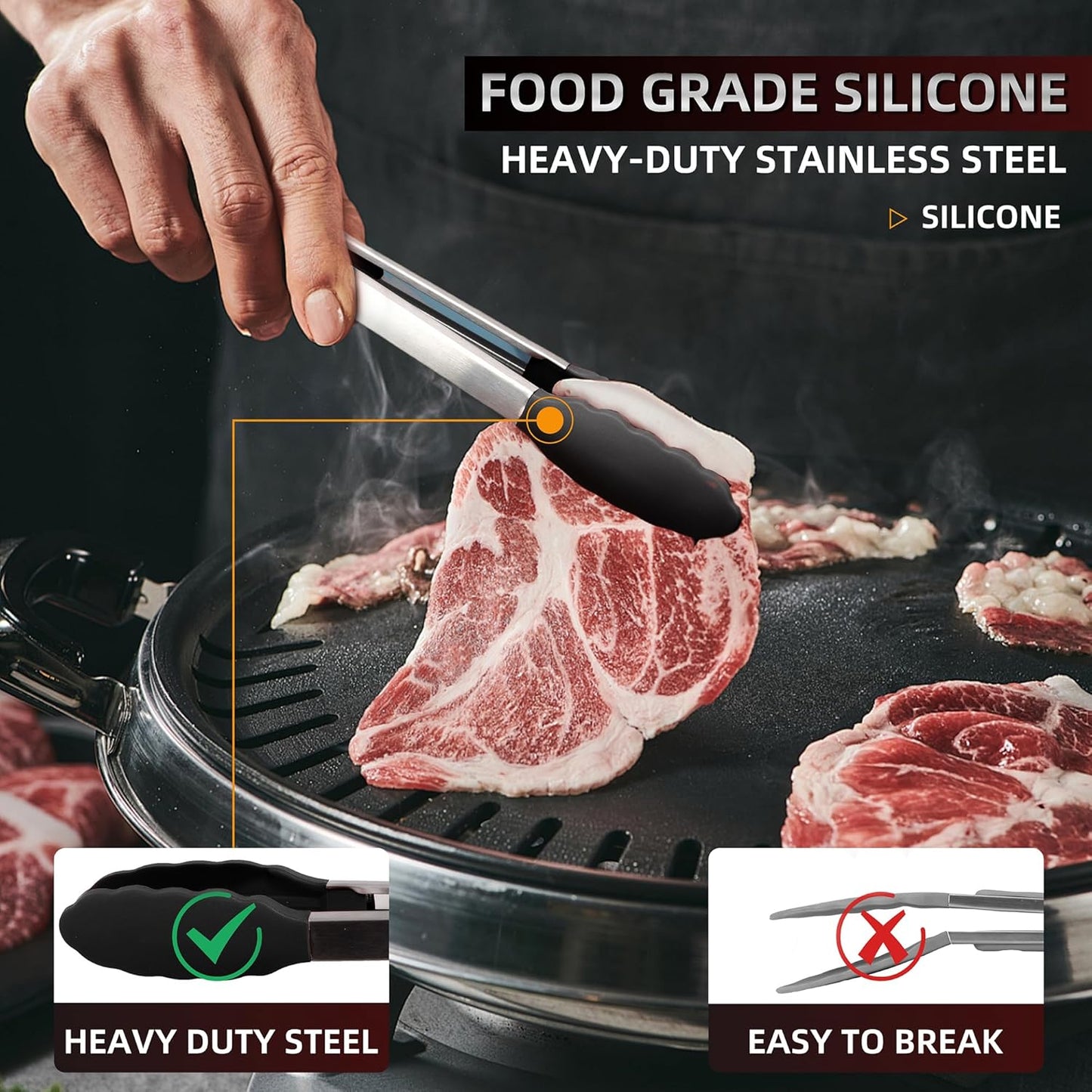 Pack of 3 Stainless Steel Kitchen Tongs with Silicone Tips – Non-Stick Cooking, Grilling & BBQ Tongs for Serving, Dishwasher Safe, 7", 9" & 12", Black