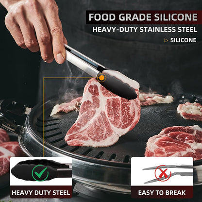 Pack of 3 Stainless Steel Kitchen Tongs with Silicone Tips – Non-Stick Cooking, Grilling & BBQ Tongs for Serving, Dishwasher Safe, 7", 9" & 12", Black
