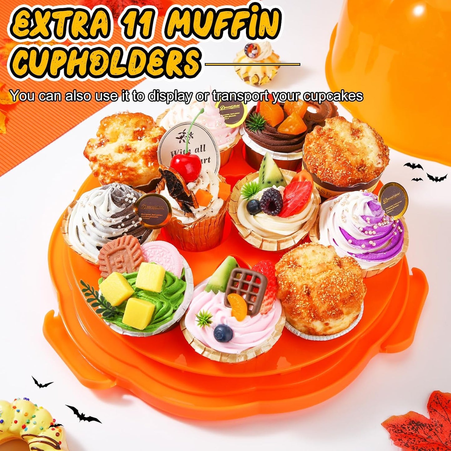 Zhehao 10 Inch Fall Cake Carrier Holds, Pumpkin Cake Stand with Lid and Handle, Halloween Autumn Harvest Plastic Transport Storage Container, Suitable for Transporting Pies, Cupcakes and More(White)
