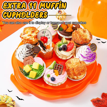 Zhehao 10 Inch Fall Cake Carrier Holds, Pumpkin Cake Stand with Lid and Handle, Halloween Autumn Harvest Plastic Transport Storage Container, Suitable for Transporting Pies, Cupcakes and More(White)