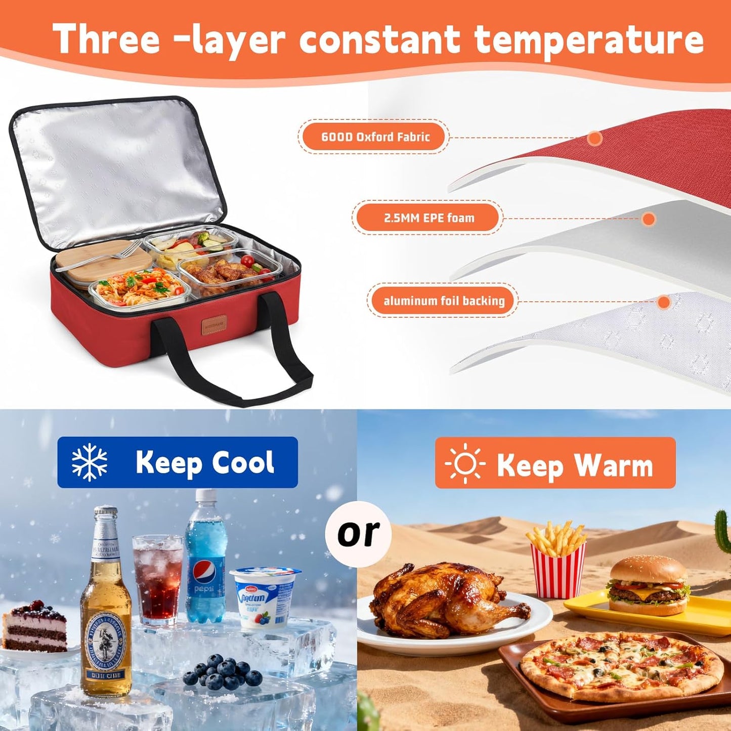 Insulated Casserole Carrier, Double Decker Food Carriers for Hot or Cold Food, Portable Leakproof Thermal Bag for Travel/Potluck Parties/Picnic/Cookouts (Red)