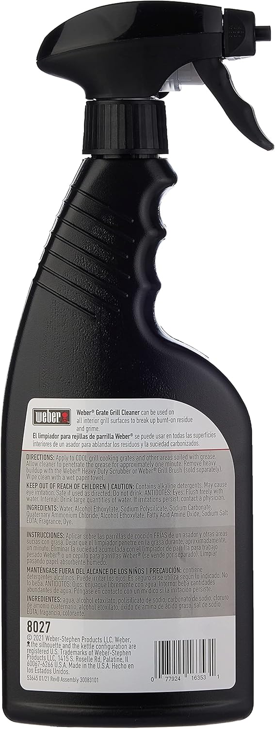 Weber Outdoor Grill Spray Bottle Cleaner & Degreaser, 16 oz – Safe, Non‑Corrosive, Effective Formula for Stainless Steel & Cast‑Iron Grates, Smokers, Ovens & Microwaves