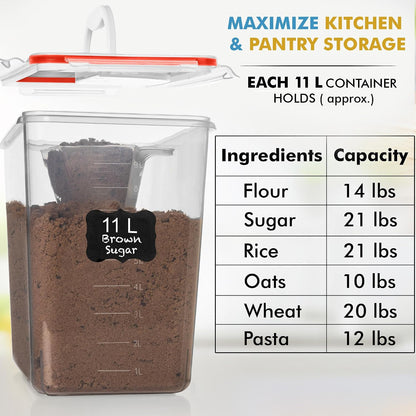 Shazo 2 PC (11L | 372 oz) Flour Sugar Storage Containers with Easy Carry Handle - Plastic Extra Large Food Storage Containers with Lids for Rice Cereal, BPA Free & Airtight Kitchen Pantry Organization