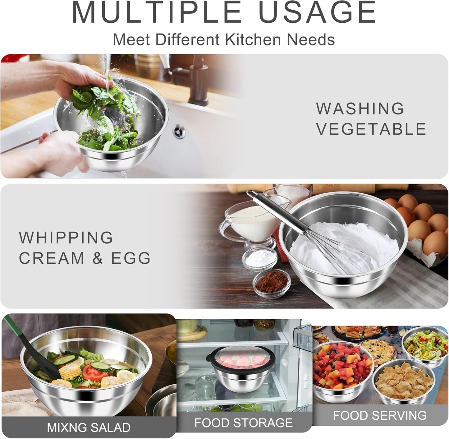 HaWare Mixing Bowls with Airtight Clear Lids, 6-Piece Stainless Steel Strong Nesting Bowls Set, Metal Salad Bowl for Cooking, Prepping, Baking, Serving & Food Storage, Size 4.6, 3, 1.5QT, Khaki