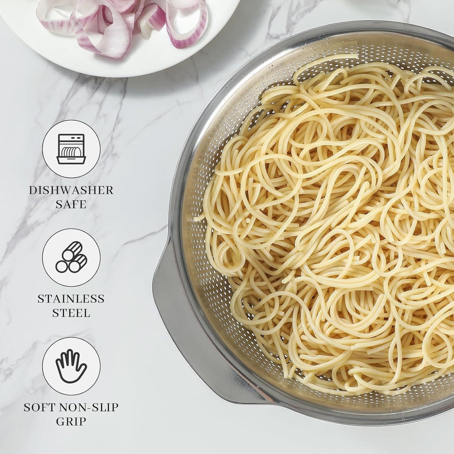 18/8 Stainless Steel Microwell Colander, 3.5QT Large Capacity with Handle Kitchen Food Strainer Basket for Washing Vegetables, Fruits, Rice, and Pasta (primary colour, 3.5QTColander+3.5QT Mixing bowl)