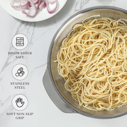 18/8 Stainless Steel Microwell Colander, 3.5QT Large Capacity with Handle Kitchen Food Strainer Basket for Washing Vegetables, Fruits, Rice, and Pasta (primary colour, 3.5QTColander+3.5QT Mixing bowl)