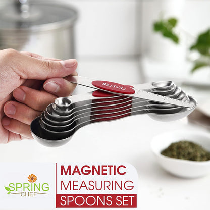 Spring Chef Stainless Steel Magnetic Measuring Spoons Set with Strong N45 Magnets, Heavy Duty Metal Kitchen Gadgets for Baking & Cooking, Fits in Most Kitchen Spice Jars, Set of 8 with Leveler, Black