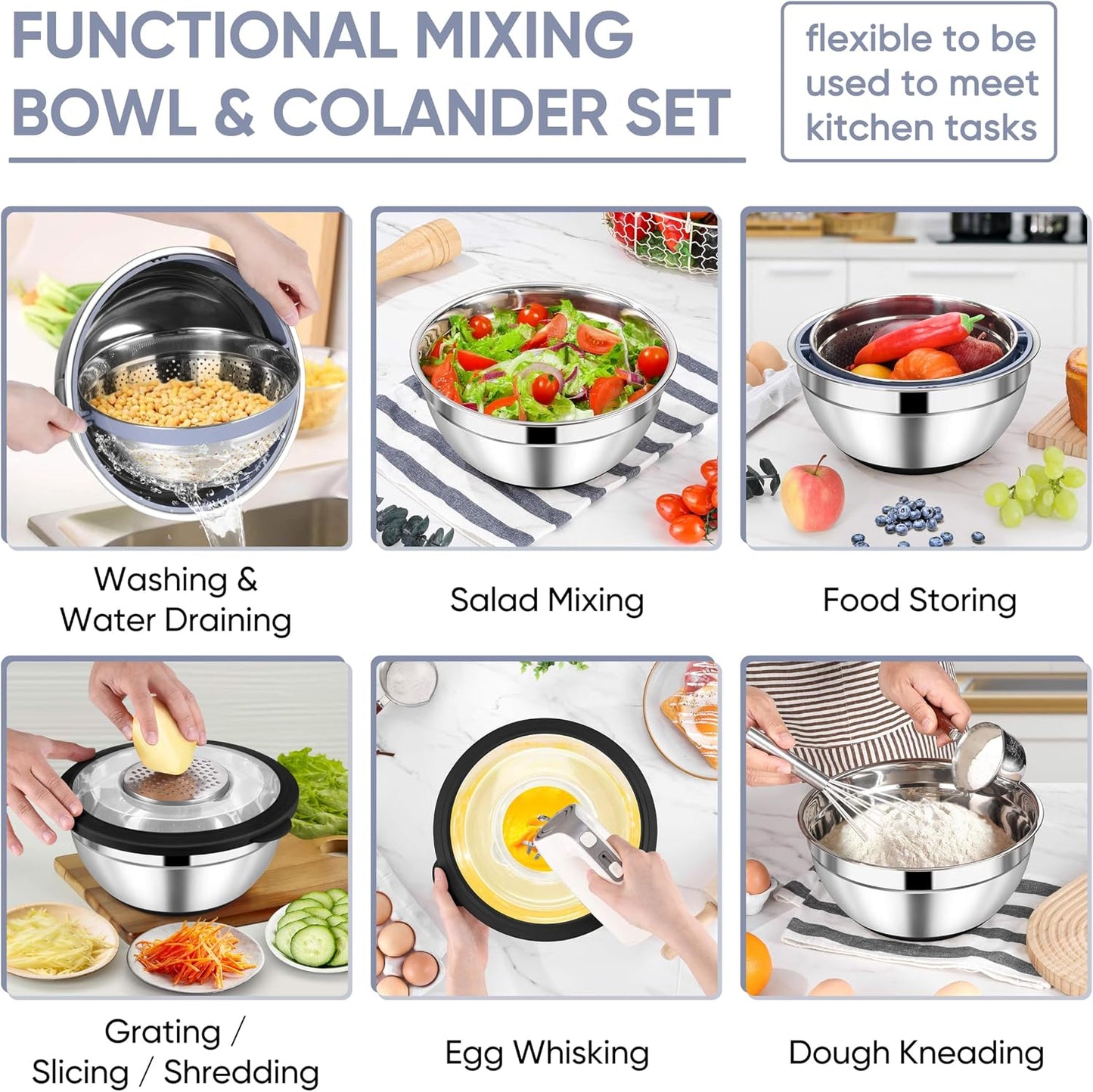TeamFar 4-1 Colander with Bowl Set, Rotatable Colander for Kitchen, Stainless Steel Food Strainers and Colanders Mixing Bowl with Graters, for Veggies Fruits Washing, Pasta Straining - Khaki