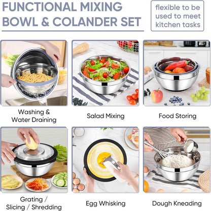 TeamFar 4-1 Colander with Bowl Set, Rotatable Colander for Kitchen, Stainless Steel Food Strainers and Colanders Mixing Bowl with Graters, for Veggies Fruits Washing, Pasta Straining - Khaki