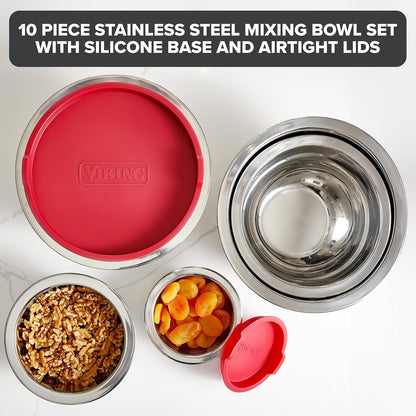 Viking Mixing Bowls Set, 10 Piece Stainless Steel Kitchen Cookware, Non-Slip Silicone Base, Includes Tight Fit Lids, Dishwasher Safe, Grey