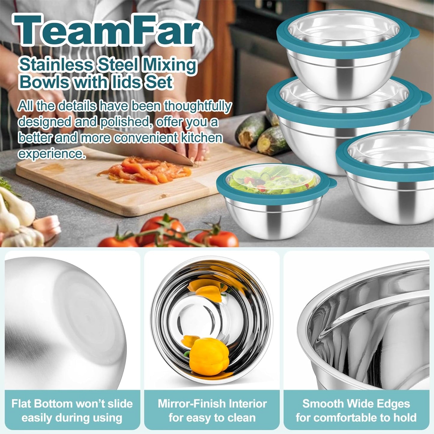 TeamFar Mixing Bowls Set, 4.5/3/1.5/1/0.7 QT Stainless Steel Nesting Salad Bowls with Airtight Lids, For Serving/Mixing/Storing, Non-Toxic & Heavy Duty, Visible & Easy Clean, Black, Set of 5