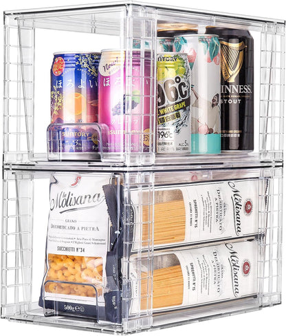 4Pack Large Stackable Kitchen Storage Drawers, Clear Foods Organizer Bins with Handles, Easily Assemble for Bathroom, Kitchen, Pantry, Cabinet, Closet(XL-UP Handle)
