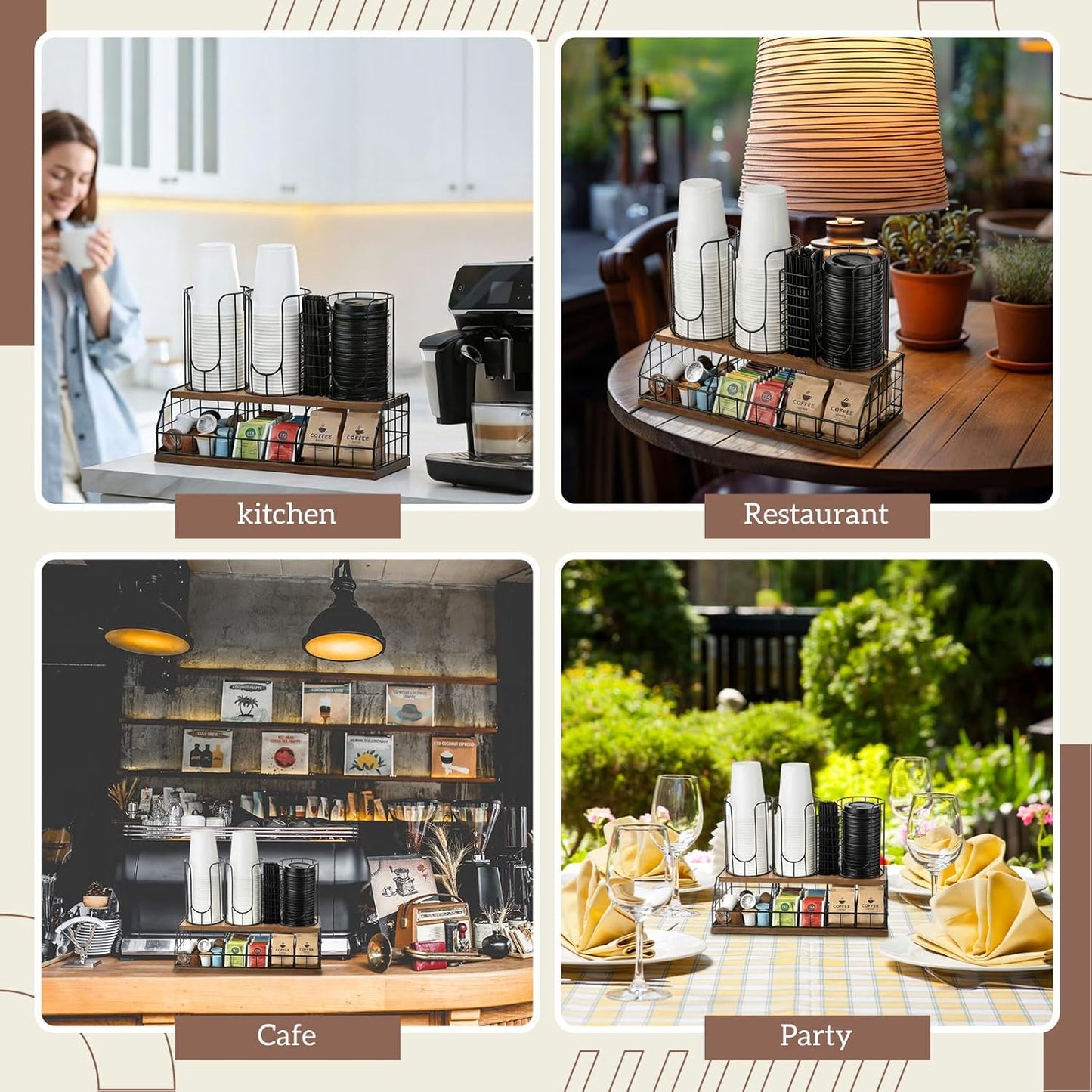 Geelin 18oz Adjustable Coffee Cup Dispenser with Wooden Base, Cup and Lid Holder, Cups Holder Organizer for Coffee Pod Straw and Lid Storage(2-compartment Single,Color 2)