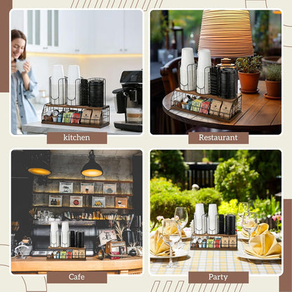 Geelin 18oz Adjustable Coffee Cup Dispenser with Wooden Base, Cup and Lid Holder, Cups Holder Organizer for Coffee Pod Straw and Lid Storage(2-compartment Single,Color 2)