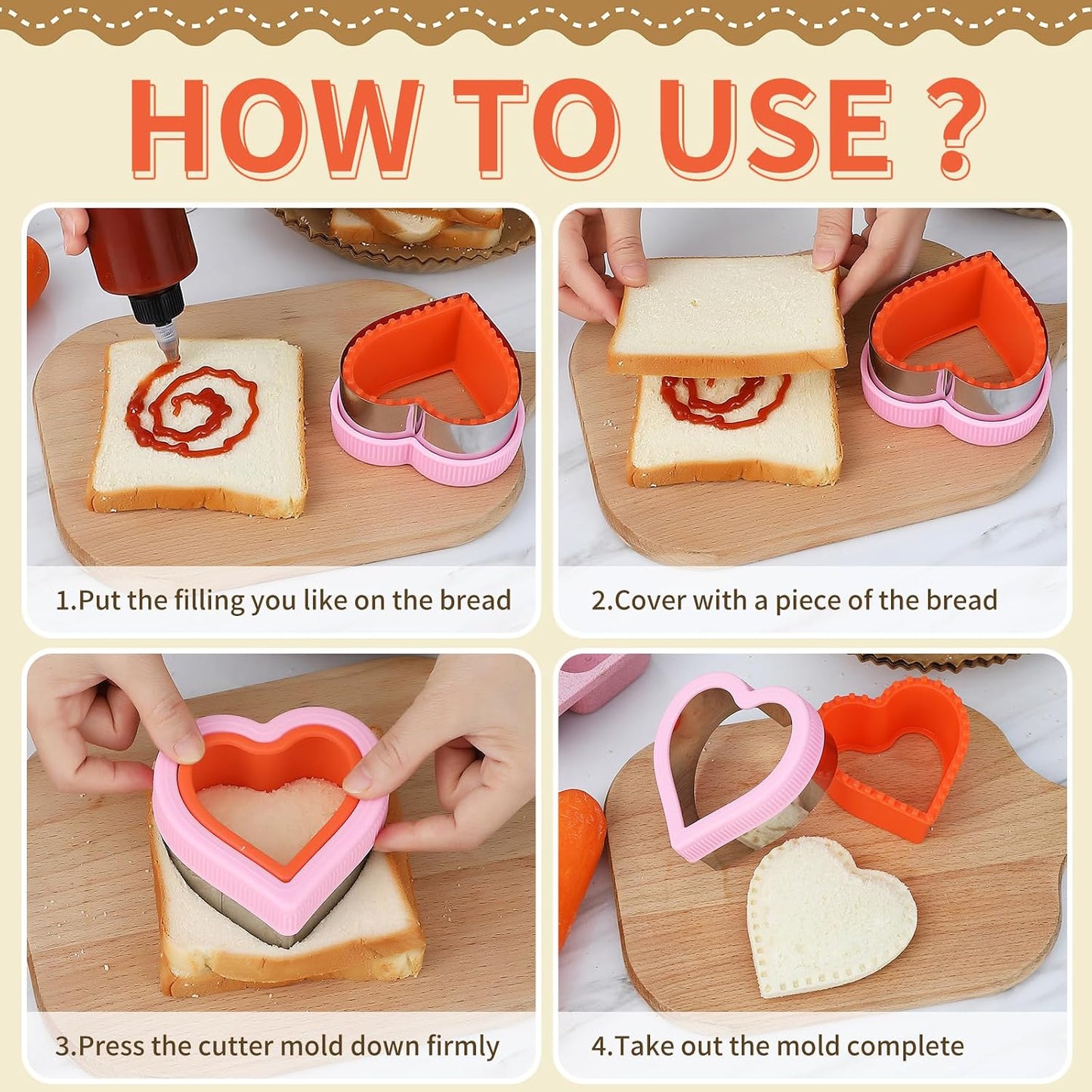 8 Pieces Sandwich Cutters and Sealer, Decruster Sandwich crimpers for Making Sandwiches, Hamburgers, Pies, with Vegetable Fruit Cutters for Kids Lunch Box and Bento Box