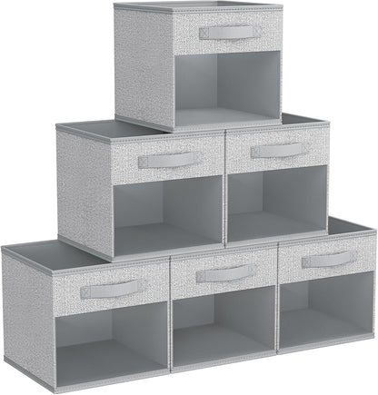 DIMJ Storage Cubes, 11x 11 inch Cube Storage Bin, 6 Pack Closet organizers and storage Bins with Window, Collapsible Baskets with Handle for Shelves, Clothes, Toys, Books (Grey)