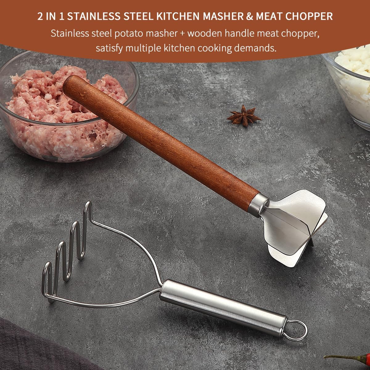 Meat Chopper Potato Masher Set of 2, Berglander Heat Resistant Meat Masher for Hamburger, Ground Beef Smasher, Mash Kitchen Tools & Utensils for Avocado, Salad, Vegetables, Fruit, Food Potato, Tomato