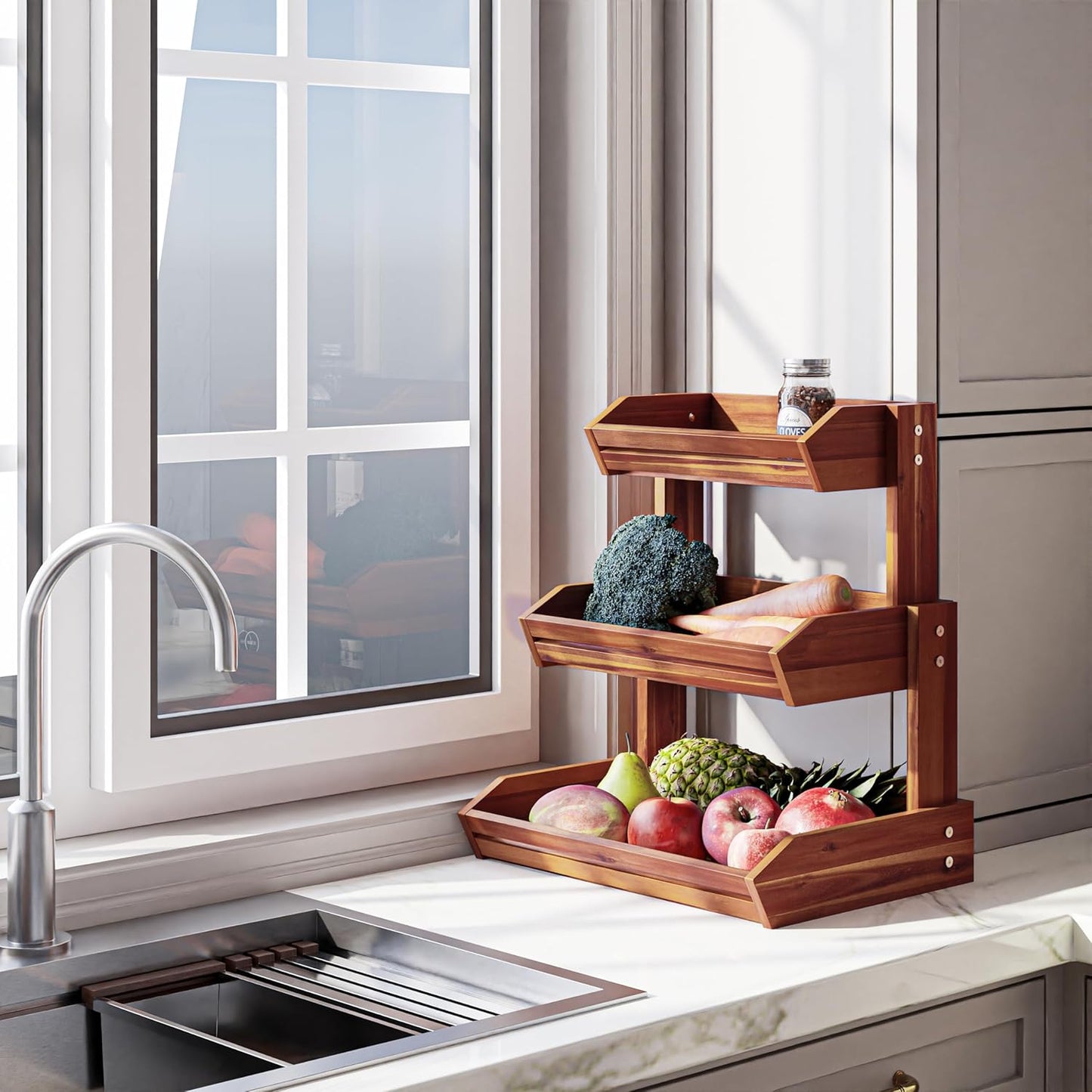 HOLANA Acacia 2 Tier Fruit Basket for Kitchen Counter Organizer – Wooden Fruit Bowl & Wooden Basket for Kitchen Counter Storage, Vegetable & Produce Storage, Snack Organizer for Countertop (Acacia)