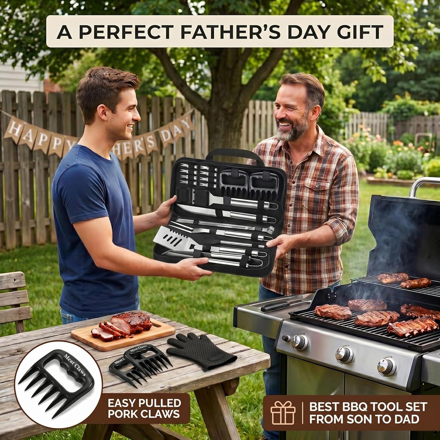 ROMANTICIST 23pcs Heavy Duty Grilling Gifts for Men Dad Fathers Day, Extra Thick BBQ Accessories Tools Set, Stainless Steel Grill Utensils Kit with Meat Claws,Canvas Bag for Outdoor Camping Brown