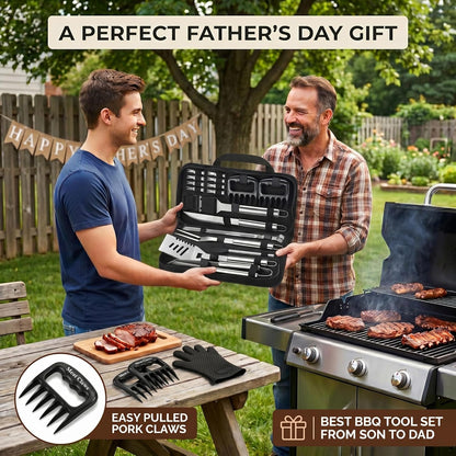 ROMANTICIST 23pcs Heavy Duty Grilling Gifts for Men Dad Fathers Day, Extra Thick BBQ Accessories Tools Set, Stainless Steel Grill Utensils Kit with Meat Claws,Canvas Bag for Outdoor Camping Brown