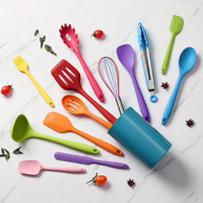 LIANYU 14 Pcs Silicone Kitchen Utensils Set with Holder, 446°F Heat Resistant Silicone Cooking Kitchen Utensils Spatula Set, Non-Stick & Dishwasher Safe Cooking Tools, Comfort Grip Handle, Black