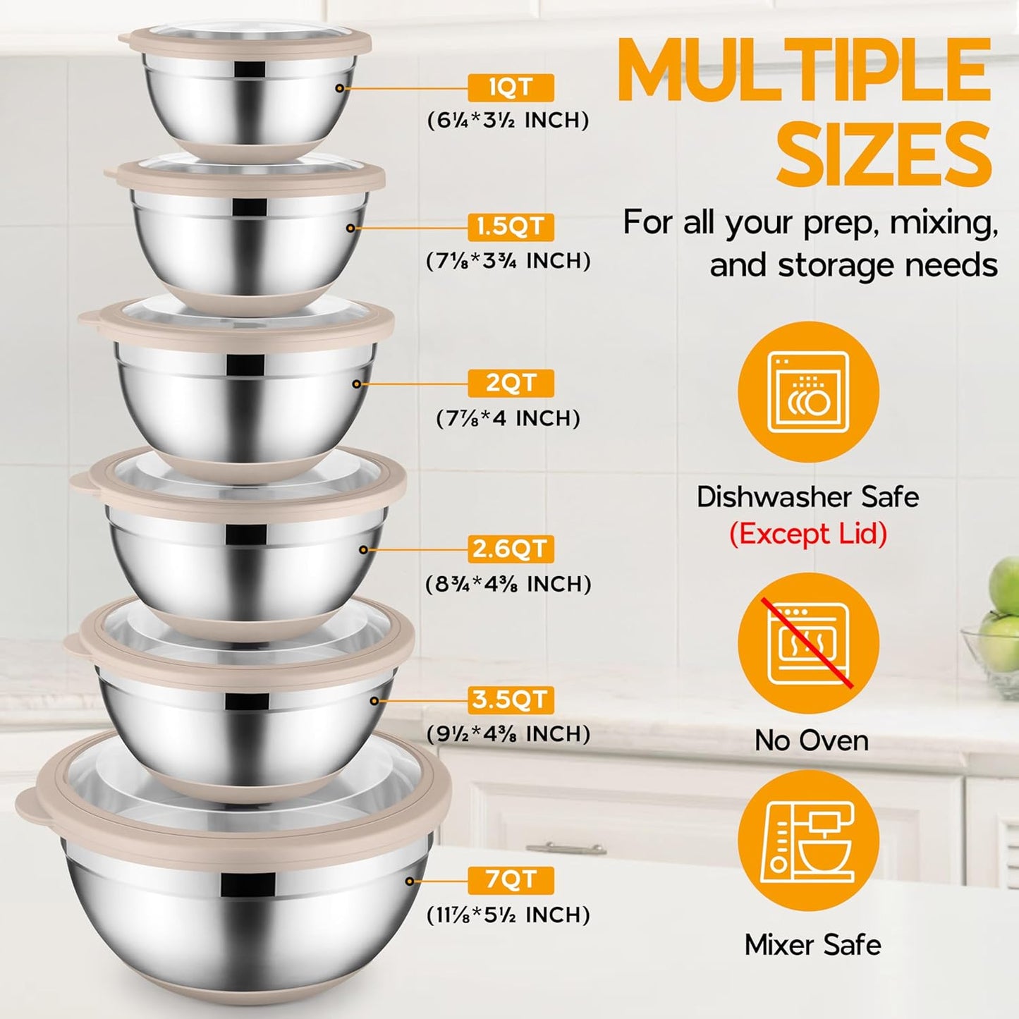 Onader Colorful Mixing Bowl Set of 6 for Kitchen, Large Stainless Steel Metal Nesting Mixing Bowls with Airtight Lids, Non Slip - Size 0.7, 1, 1.5, 2, 2.6, 4.6QT