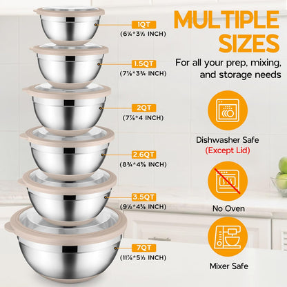 Onader Colorful Mixing Bowl Set of 6 for Kitchen, Large Stainless Steel Metal Nesting Mixing Bowls with Airtight Lids, Non Slip - Size 0.7, 1, 1.5, 2, 2.6, 4.6QT