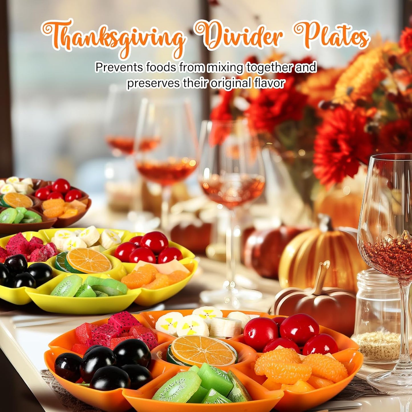 8 Pcs Thanksgiving Plates with Dividers Plastic Divided Snack Serving Tray 10.5 Inch Round 7 Compartments Chip Dip Platter Petal Shape Sectional Platter for Party Candy Nuts Fruits Veggies