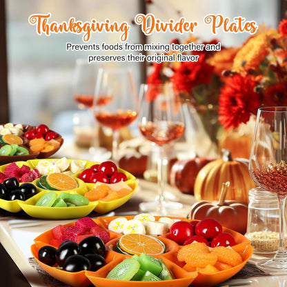 8 Pcs Thanksgiving Plates with Dividers Plastic Divided Snack Serving Tray 10.5 Inch Round 7 Compartments Chip Dip Platter Petal Shape Sectional Platter for Party Candy Nuts Fruits Veggies