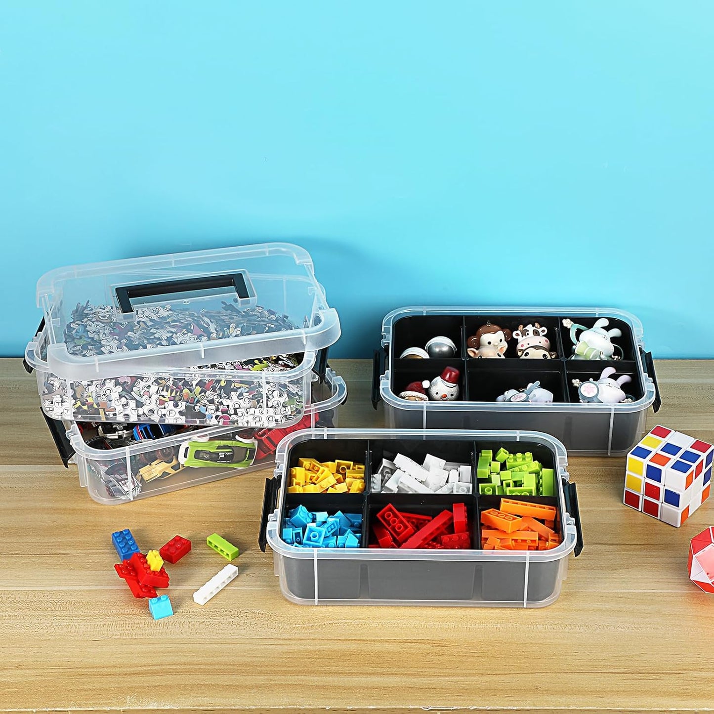 JUXYES 4-Tiers Stack Carry Storage Box With 2 Divided Tray, Transparent Stackable Storage Bin With Handle Lid Latching Storage Container for School & Office Supplies, Blue