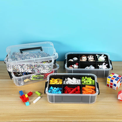 JUXYES 4-Tiers Stack Carry Storage Box With 2 Divided Tray, Transparent Stackable Storage Bin With Handle Lid Latching Storage Container for School & Office Supplies, Blue