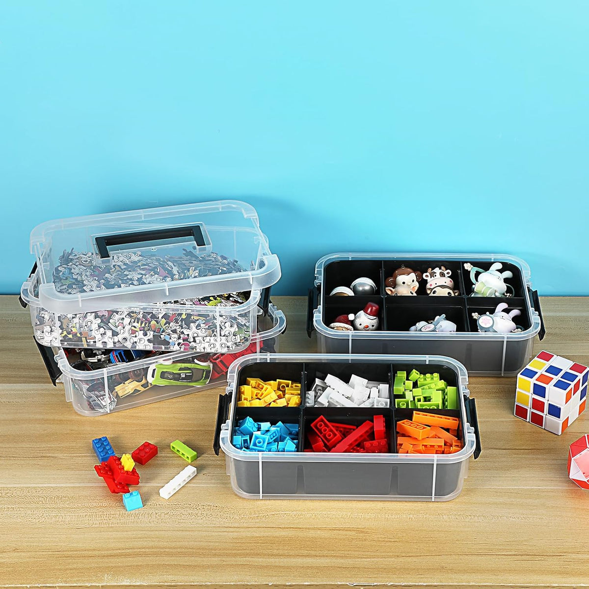 JUXYES 4-Tiers Plastic Stack Carry Storage Containers Box wih Handle Lids | Clear Stackable Latching Storage Bin With 2 Tray for School Office, Organizing Sewing, Art Craft, DIY Supplies, Blue
