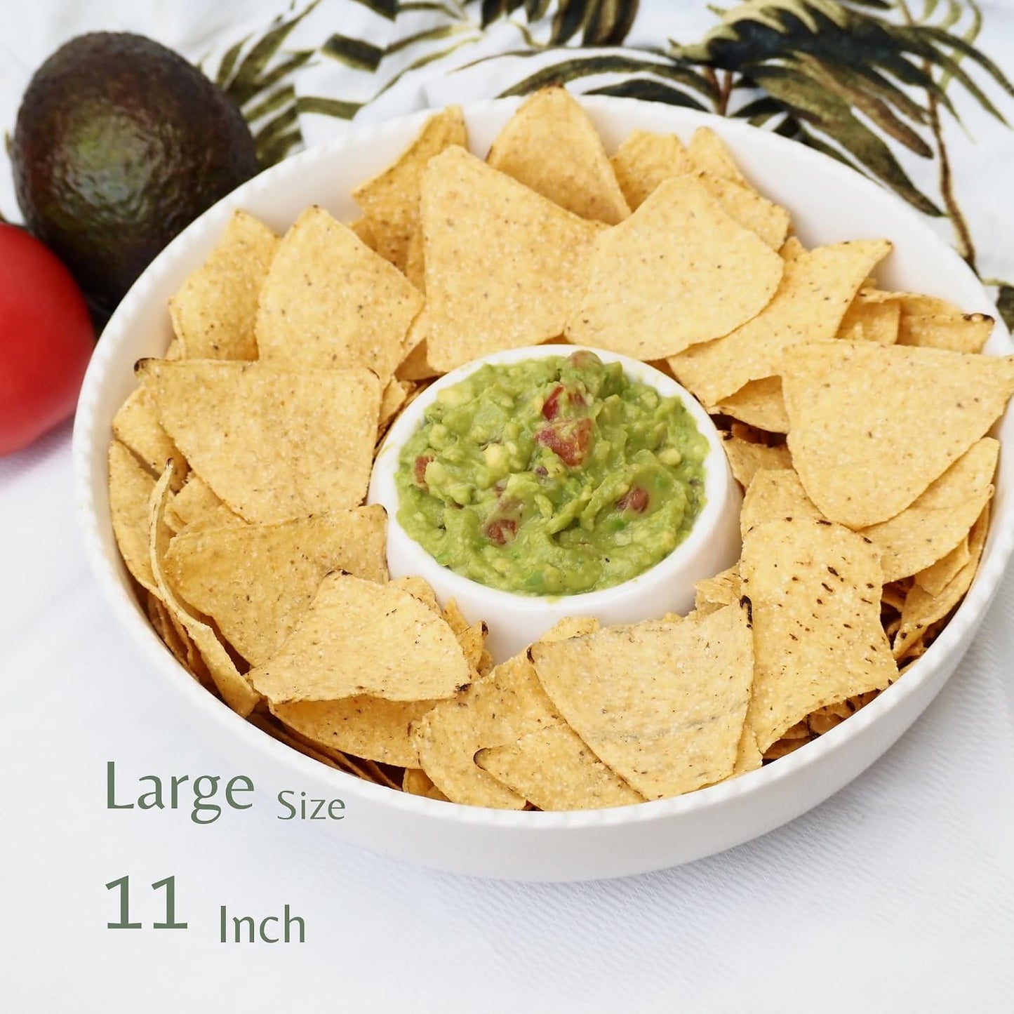 11'' Ceramic Chip and Dip Tray, Middle Size Divided Serving Set for Parties, Mixing Bowl Sets for Salsa, Snack, Veggies, Dumpling, Fruit, Salad, Fruit, Entertaining, Hosting, Ivory White