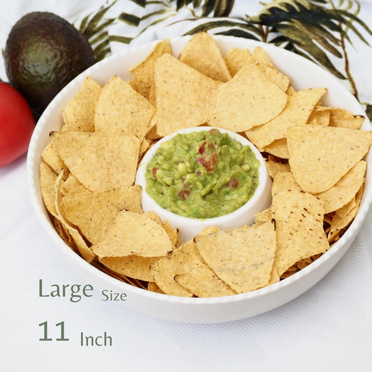 11'' Ceramic Chip and Dip Tray, Middle Size Divided Serving Set for Parties, Mixing Bowl Sets for Salsa, Snack, Veggies, Dumpling, Fruit, Salad, Fruit, Entertaining, Hosting, Ivory White