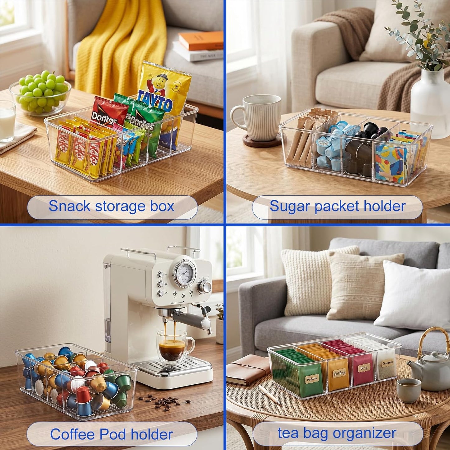 2 Pcs Seasoning Packet Organizer with Detachable Dividers, Storage Organizer Box for Cabinet, Kitchen Snacks Spice Packets Organizer and packet organizer pantry