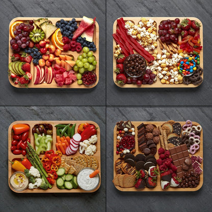 Farberware Build-A-Board Bamboo Cutting Board with Built-In Compartments & Clear Locking Lid, Black Handles, Charcuterie, Snack Tray, Food Prep and Serving Platter