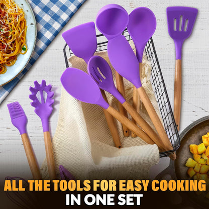 14 PCs Black Silicone Cooking Utensils Set with Holder - Versatile Kitchen Utensils with Sturdy Wooden Handles - Heat Resistance Silicone Kitchen Utensil Set with Holder for All Cooking & Baking Needs
