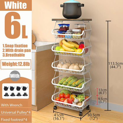 MURRI&MURRDI Fruit Vegetable Storage Basket with Wooden Lid, 6 Tier Stackable Wire Kitchen Cart with Wheels, Tall Produce Snack Racks Display, Narrow Rolling Cart for Pantry Onion Potato, Black